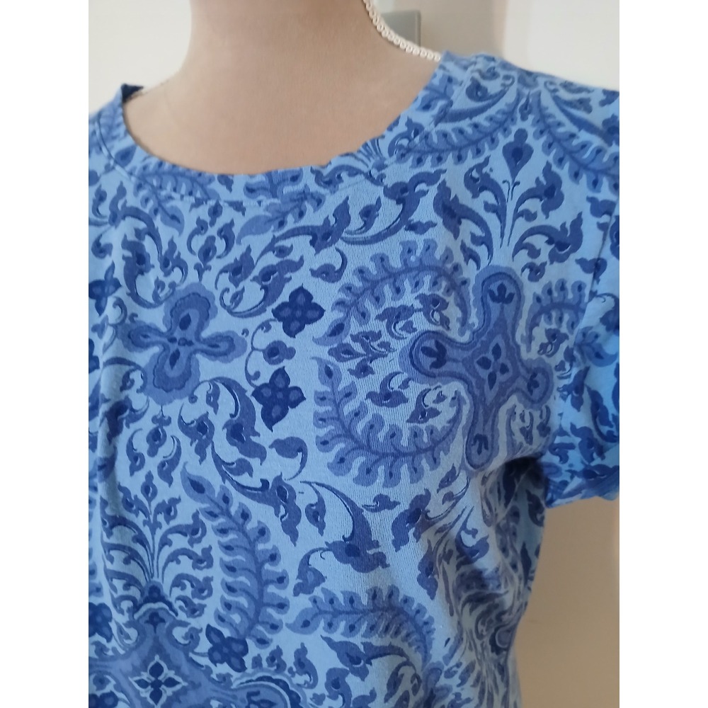 T by Talbots Womens Blue Damask Paisley Stretch Tee Top Large Modest - Picture 2 of 10